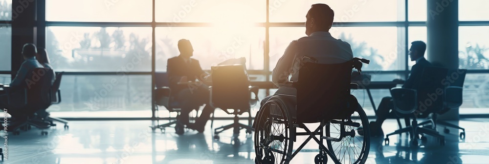 Poster man in wheelchair in an office meeting with colleagues. showcasing inclusivity and accessibility in 