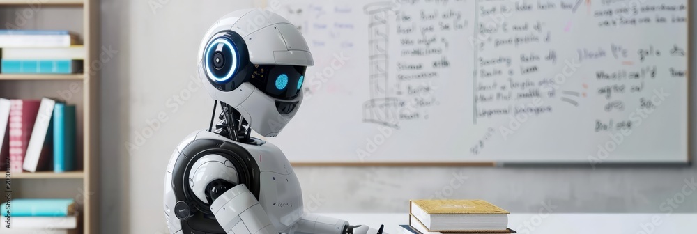 Poster Humanoid robot with blue illuminated eyes studying book in classroom. Education and AI integration scene.
