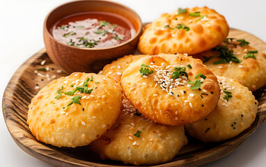 Plate of tasty Kachori with on white background.