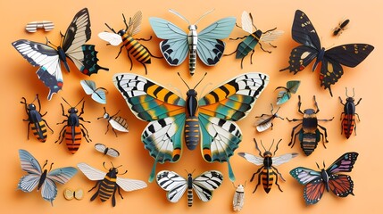 Obraz premium Detailed Paper Cut of Butterflies Bees and Other Insects in Nature