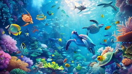Fototapeta premium Enchanting Underwater Wonderland with Vibrant Cartoon Sea Creatures