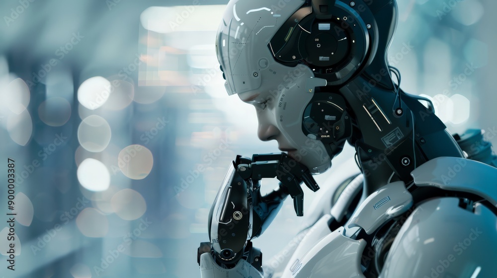 Poster Modern robot contemplating in a digital environment with bokeh effect lights. Symbolizes AI and the future of robotics.