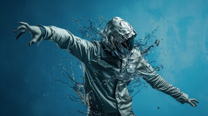 Fototapeta premium A futuristic figure, wearing a metallic outfit, is captured in a dynamic pose with water splashing around. The blue background enhances the sense of motion and the sleek, high-tech aesthetic.
