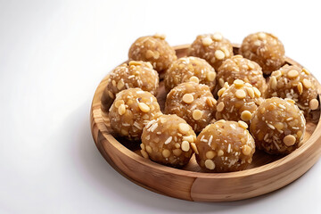 Plate of tasty Laddu with on white background.