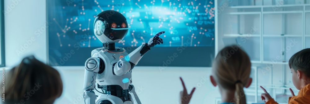 Poster Robot pointing at a digital screen in classroom. Technology-enhanced learning.