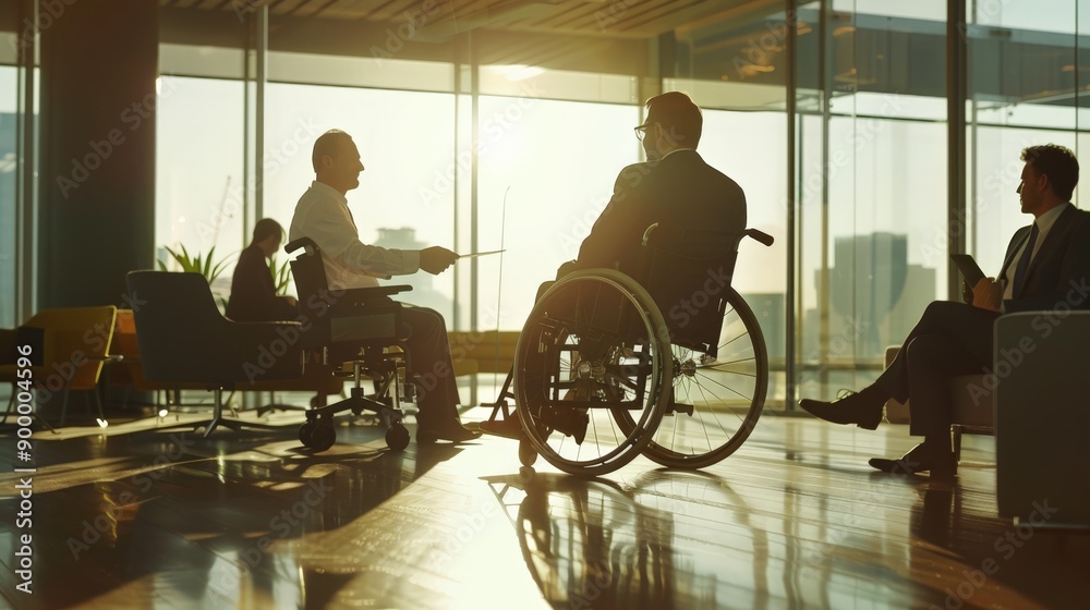 Poster Man in wheelchair working on laptop in lush, green office setting. Emphasizing accessibility and inclusion in the workplace.