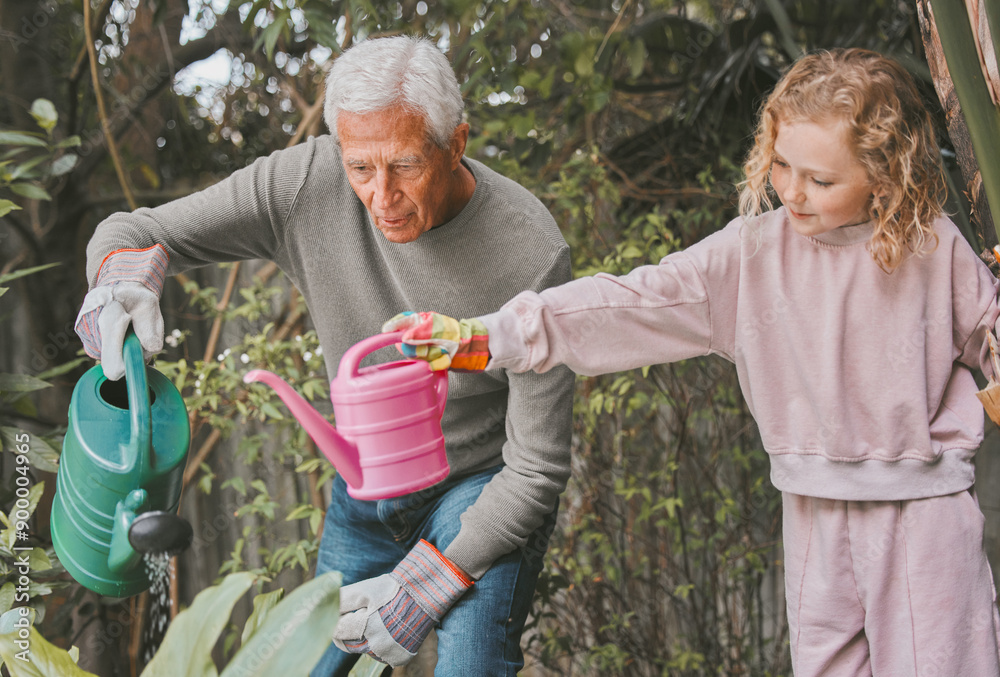 Wall mural Gardening, watering can and grandfather teaching child how to plant for growth or landscaping. Earth day, spring or sustainability with senior man and granddaughter in backyard together for growing