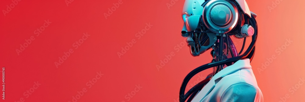 Aufkleber robot with headset against a red background. concept of robotic communication and customer service.