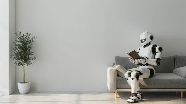 Humanoid robot sitting on a sofa reading a book in a minimalist living room. AI integration in everyday home activities.