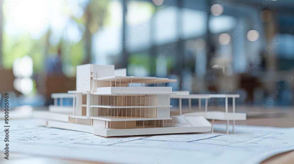 Poster architectural model of a contemporary building with blueprints on a desk. design and construction pl