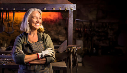 female blacksmith surrounded by iron, tools and designs in an old forge.