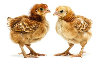 Naklejka premium Two petite brown hens on a white backdrop with empty space for text