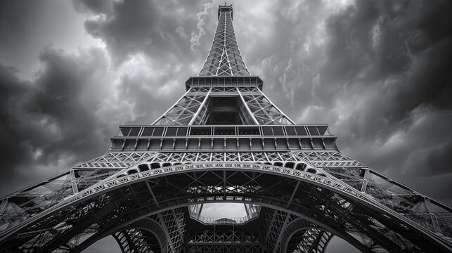 A dramatic black and white photograph of the Eiffel Tower taken from a low angle, emphasizing its intricate iron lattice structure against a stormy, cloudy sky.