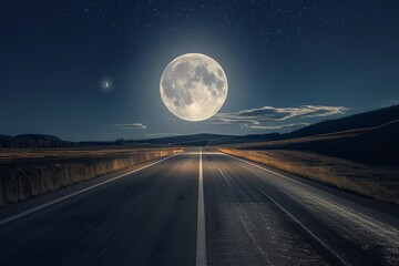 Full moon shining brightly over a long, empty road.