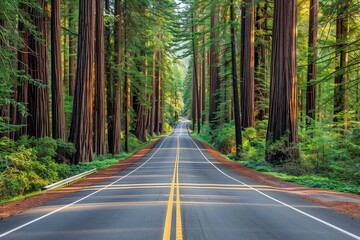 Fototapeta premium Empty road through a forest of tall redwood trees.