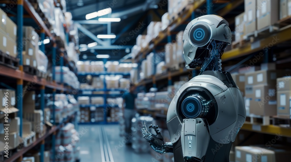 Poster humanoid robot with blue accents standing in a warehouse full of boxes. advanced robotics and ai in 