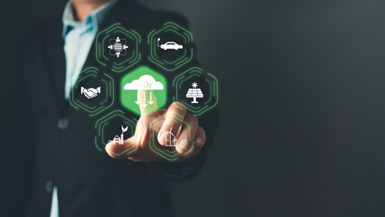 Sustainable Development and Green Business Innovation concept.hand touch hologram to save energy,and reduce global warming,climate change,ecology friendly investment,ESG environment social governance.