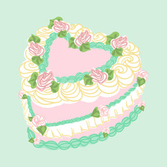Cake heart shape. Sweet tasty pie with pink roses, turquoise, yellow color cream decoration. Retro trendy style food. Hand drawn isolated vector illustration. Party, birthday celebration design