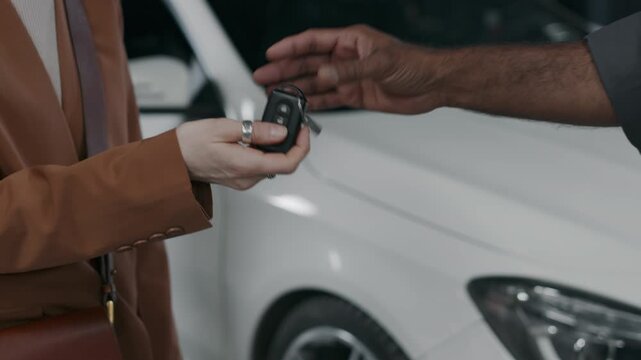 Close-up slowmo of anonymous dark-skinned mechanic returning car keys to fair female customer after checkup and maintenance work in garage