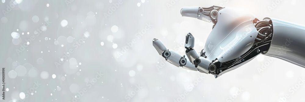 Poster Close-up of robotic hand with glowing circuitry against a blurred, bokeh background. Advanced robotics and AI technology.