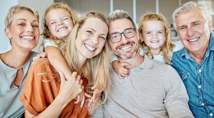 Bonding, big family and portrait in lounge, grandparents and happy with love for daughter, girls...