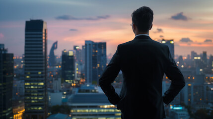 Obraz na płótnie Canvas Businessman looking at city skyline during sunset. Urban professional in suit contemplating cityscape. Corporate success and ambition concept. Back view of executive in metropolis.