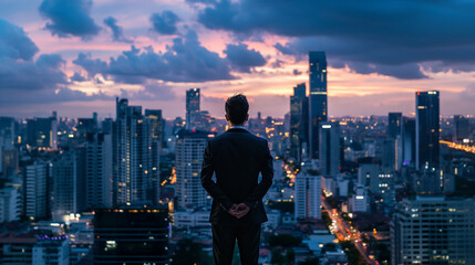 Businessman looking at city skyline during sunset. Urban professional in suit contemplating cityscape. Corporate success and ambition concept. Back view of executive in metropolis.