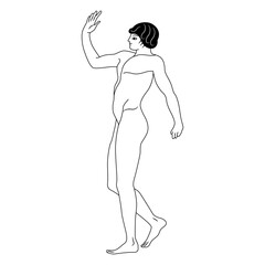 Standing Ancient Greek youth with raised hand. Greeting gesture. Antique athlete boy. Black and white linear silhouette.