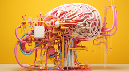 Detailed Mechanical Brain with Colorful Tubes and Cables Illustrating Neural Connections and Cognitive Functions on an Orange Background