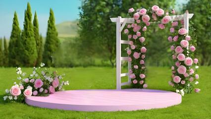Garden rose floral summer background podium cosmetic valentine easter field scene gift purple day romantic. Podium background flower rose product pink 3d spring table beauty stand display