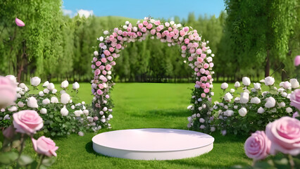 Garden rose floral summer background podium cosmetic valentine easter field scene gift purple day romantic. Podium background flower rose product pink 3d spring table beauty stand display