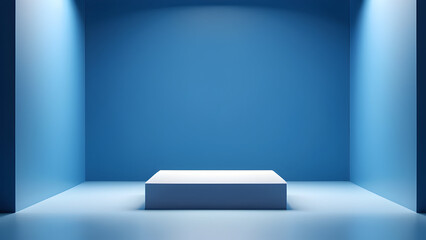Stand product podium platform blue scene abstract floor room display minimal space wall backdrop modern shape empty background. Podium background blue platform product 3d studio stage pedestal light