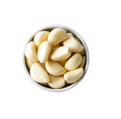 garlic in a ceramic bowl isolated on white background, top view.