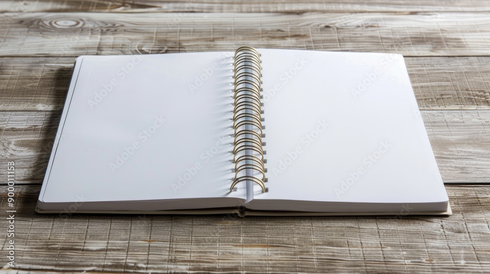 Poster notebook with white plastic spiral binding open on table