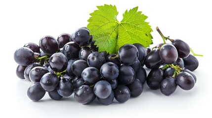 Fototapeta premium Fresh, ripe black grapes with leaf isolated on white background. Close-up of healthy, juicy fruit, perfect for wine, juice or snack.