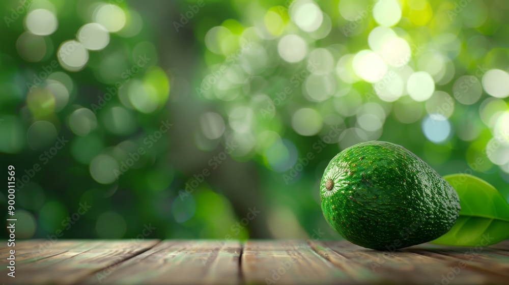 Wall mural fresh ripe avocado on a rustic wooden table with a lush green bokeh background. concepts. healthy ea