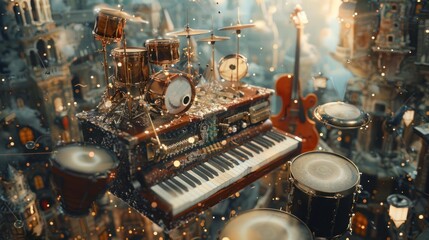A 3D artwork depicting musical instruments like drums, a piano, and a cello floating in a surreal environment with vibrant lights and a cityscape background.