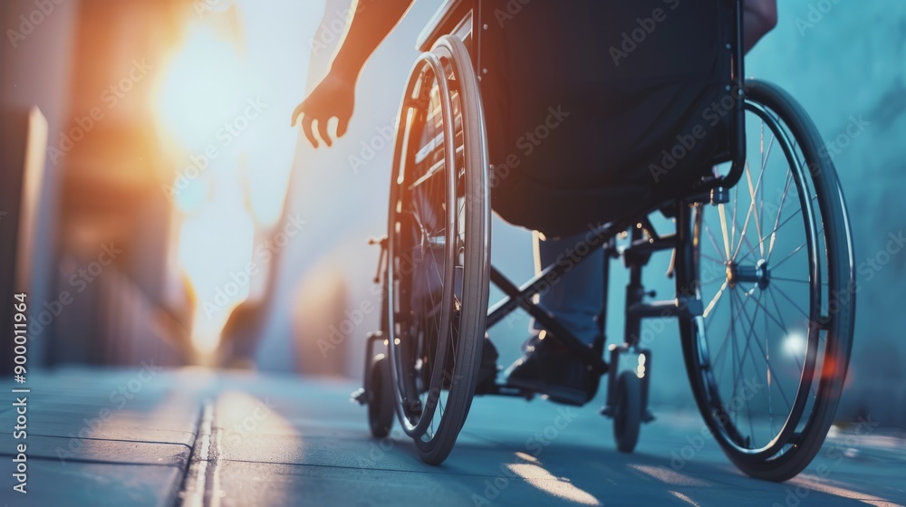 Poster close-up of a person in a wheelchair moving forward on a sunny day. accessibility and independence f