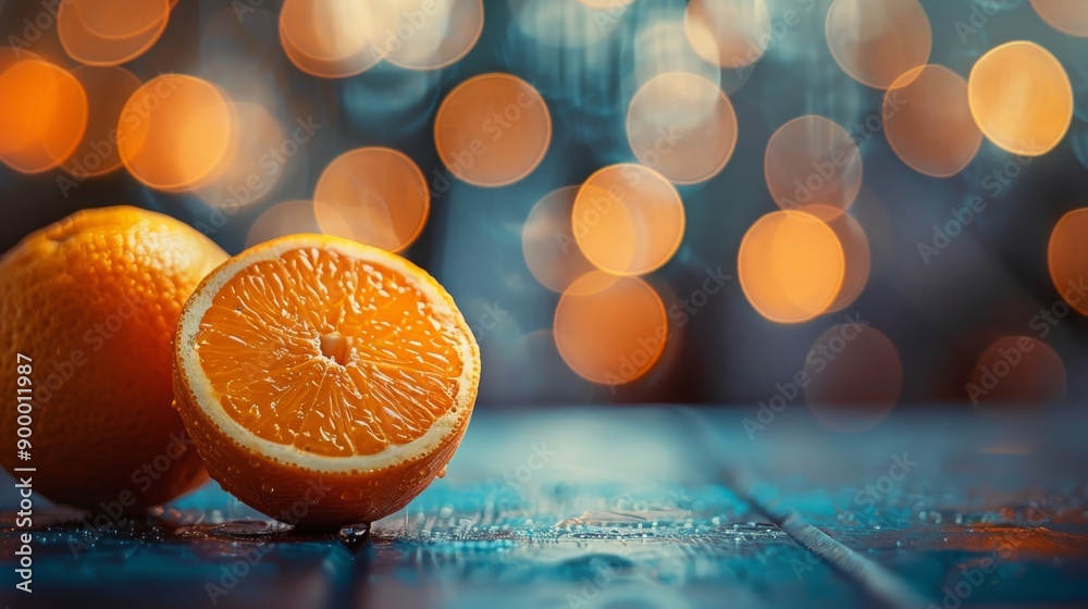 Wall mural Juicy orange slices on blue wooden table with sparkling bokeh lights. Fresh fruit, healthy eating, vitamin C concept.