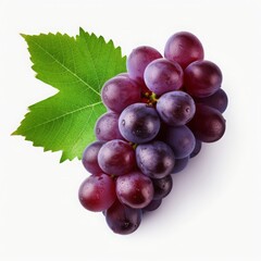 Fototapeta premium Fresh, ripe red grapes with leaves. Healthy snack, ingredient for wine, juice, or jam. Isolated on white background.