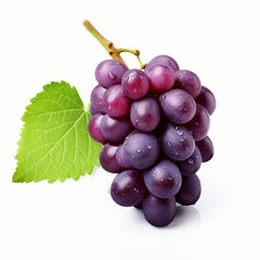 Fototapeta premium Fresh, ripe purple grapes with leaves, isolated on a white background. Perfect for health, food, and beverage themes.
