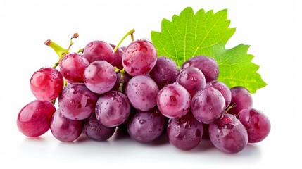 Fresh, Juicy Red Grapes with Leaf Isolated on White. Perfect for Health, Food, and Beverage Photography