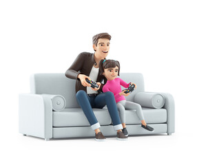 3d cartoon man playing video game with his daughter