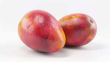 Obraz premium Two Ripe Mangoes on White Background. Juicy Tropical Fruit