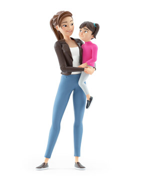 3d cartoon woman holding her daughter in her arms