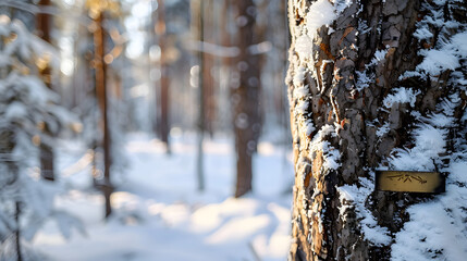 Fototapeta premium Detailed image of tree trunk with snow and trail signal with blurred snowy forest backdrop