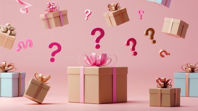 Mystery Box Surprise: 3D render of gift boxes and question marks on a pink backdrop, evoking curiosity and excitement. 