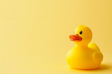 Fototapeta premium A yellow rubber duck toy sits on a yellow background