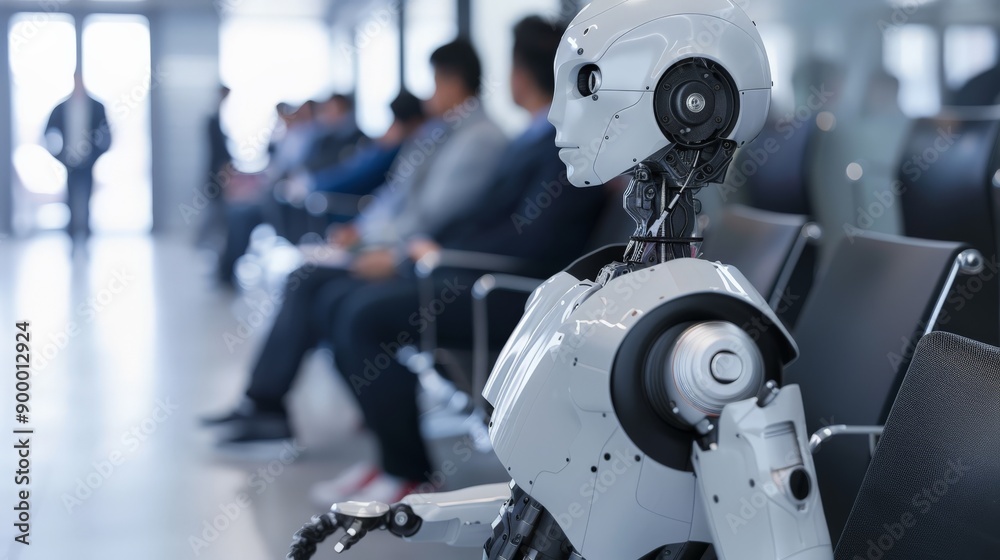Poster Robot waiting in a sleek office waiting area with diverse job applicants. Integration of AI in professional environments.