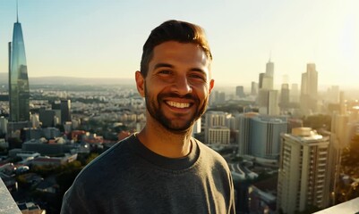 Environmental portrait video of a satisfied man in his 40s wearing a comfortable tracksuit against a cityscape background - Powered by Adobe